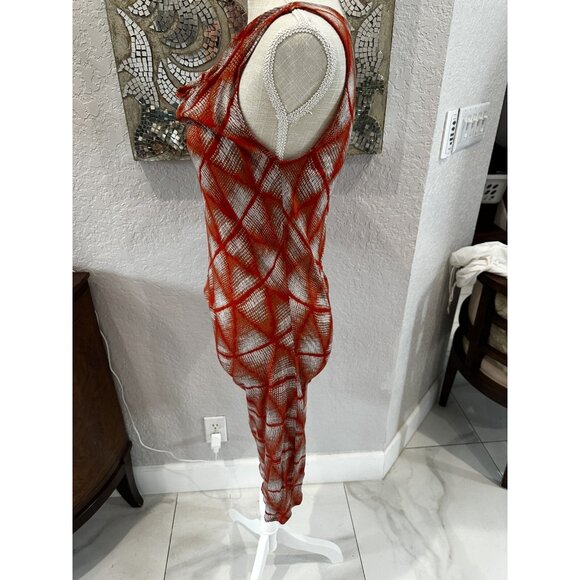 BCBG Kesi Sheer Red & White Geometric Pattern One Shoulder Dress  Size S - Picture 7 of 10